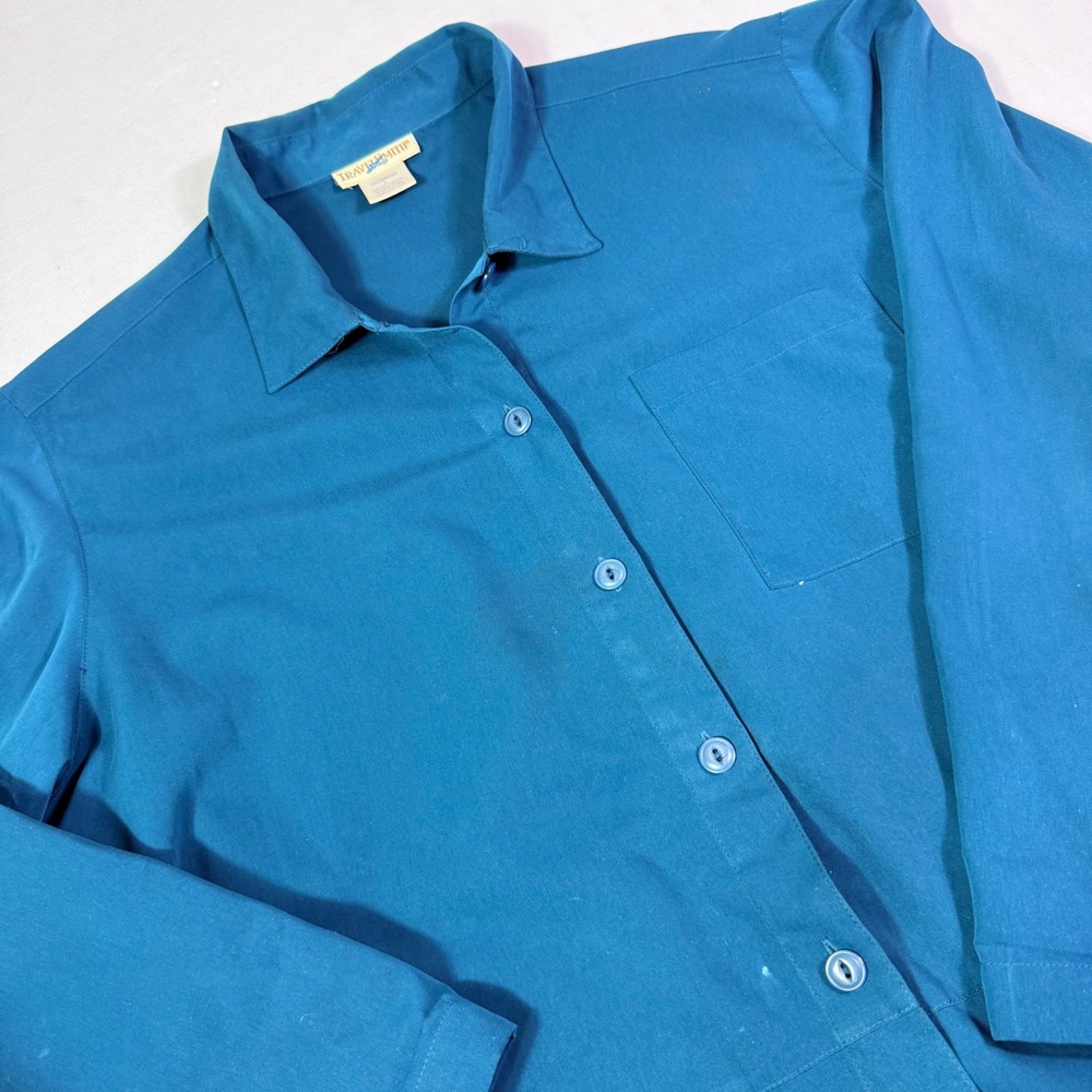TravelSmith Button Up Shirt L Teal Blue Long Sleeve Travel Professional Pocket